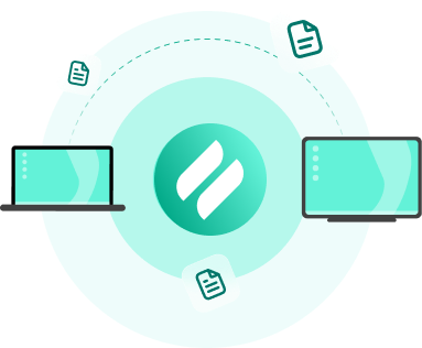 Illustration of laptops and documents surrounding the Ditto logo, symbolizing wireless file sharing or collaboration.