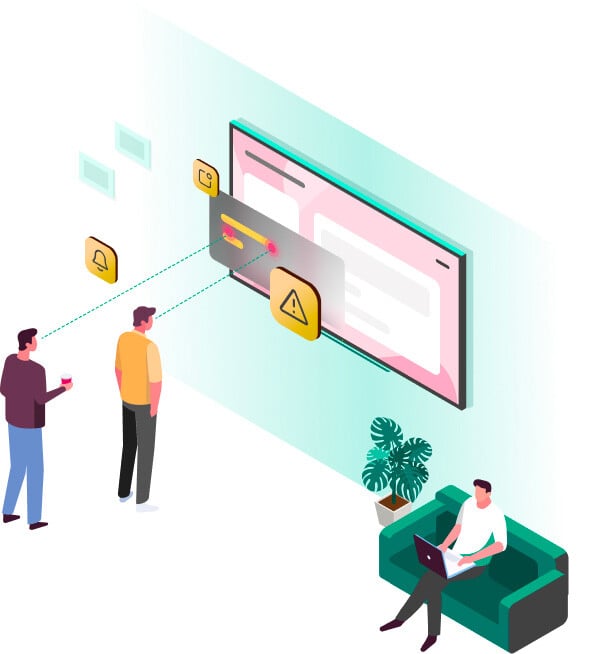 illustrated image of TV on wall showing emergency alert with people looking at it