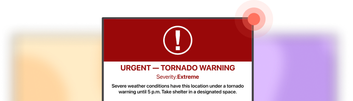 A screen with an urgent tornado warning alert on it