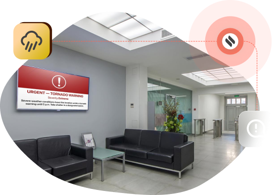 A modern lobby with a digital screen displaying a tornado warning alert, connected to icons representing severe weather notifications and emergency alerts.