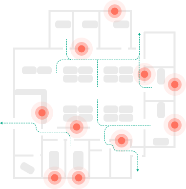 A floor plan with multiple red alert markers and directional arrows, representing emergency planning or crisis response zones within a building.