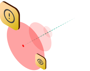 Three layered red circles surrounded by an exclamation point icon and an eye icon, representing an emergency 