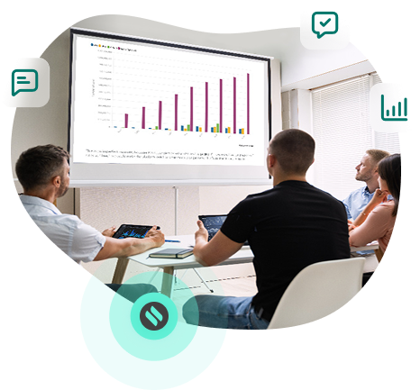 A group of people in a meeting room viewing a projected bar chart, with the Ditto logo and icons representing communication and data sharing.