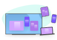 A large screen displaying multiple purple content windows, with smaller devices floating around, representing multi-device content sharing.