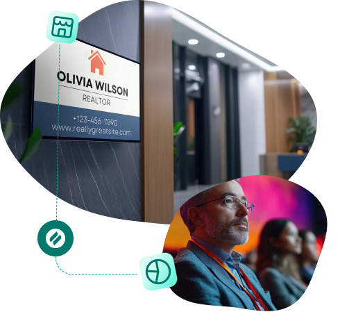 A professional sign for realtor Olivia Wilson is connected to an image of a focused man in an audience, with icons suggesting a business or presentation context.