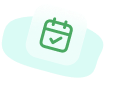 A green calendar icon with a checkmark, placed on a soft abstract shape, representing scheduling or event confirmation.