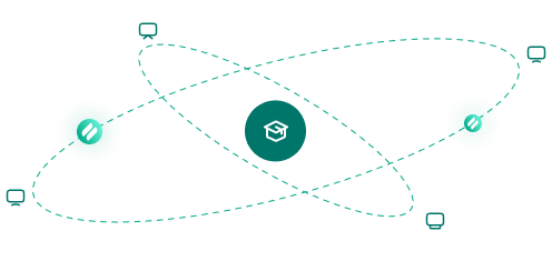 Illustrated atom-like shape with a graduation cap at the nucleus and computer screens and Ditto logos in place of electrons