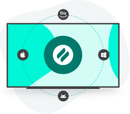 Television displaying the Ditto logo, encircled by Apple, Windows, Android, and Amazon Fire TV icons representing supported platforms