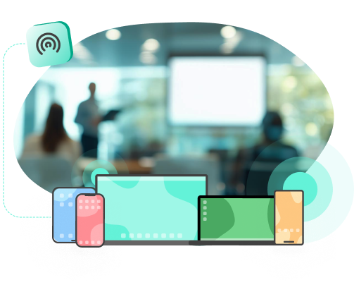 Various illustrated tablets and phones floating over an out of focus image of a person presenting in front of a large projector screen