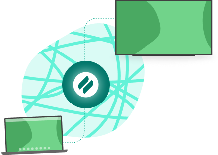 Illustrated laptop and TV floating over Ditto logo with curvy lines