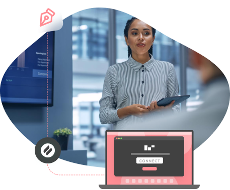 Ditto interface on laptop over image of woman holding tablet
