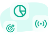 Cluster of teal analytics icons including a pie chart, a target symbol, and a broadcast or signal icon.