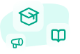 Cluster of teal education-related icons including a graduation cap, an open book, and a megaphone.