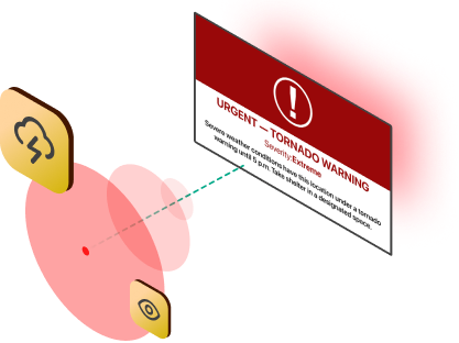 A digital alert screen displaying an urgent tornado warning, connected to cloud and visibility icons, symbolizing real-time weather alert notifications.