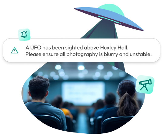 A humorous digital illustration of a UFO hovering over a blurred conference room scene, displaying a playful alert about a UFO sighting with a photography warning.