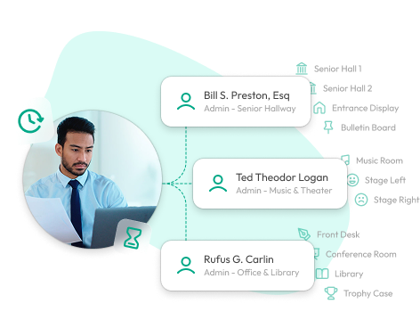 A man working on a laptop is linked to three admins managing different locations, shown in a network diagram with labeled areas and green accents.