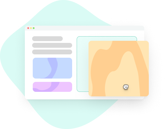 A stylized web interface with draggable content, represented by a beige abstract shape and a hand cursor, symbolizing an intuitive drag-and-drop feature.