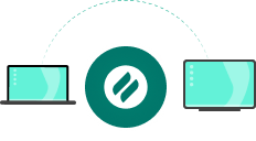 A laptop and a desktop monitor connected by a curved dashed line, with the Ditto logo in the center, symbolizing screen sharing or connectivity.