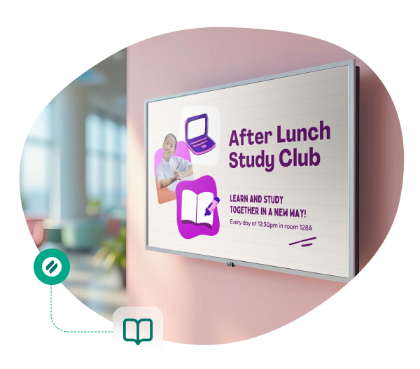 Picture of digital signage in classroom displaying after lunch study club details