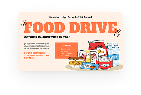 A digital sign promoting a food drive