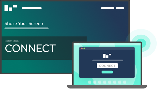 A screen and laptop interface both displaying a 'CONNECT' prompt with a room code, representing screen sharing for end users.