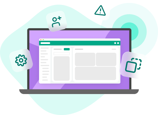 A laptop displaying the Ditto CMS dashboard with icons for user management, alerts, settings, and screen layout configuration.