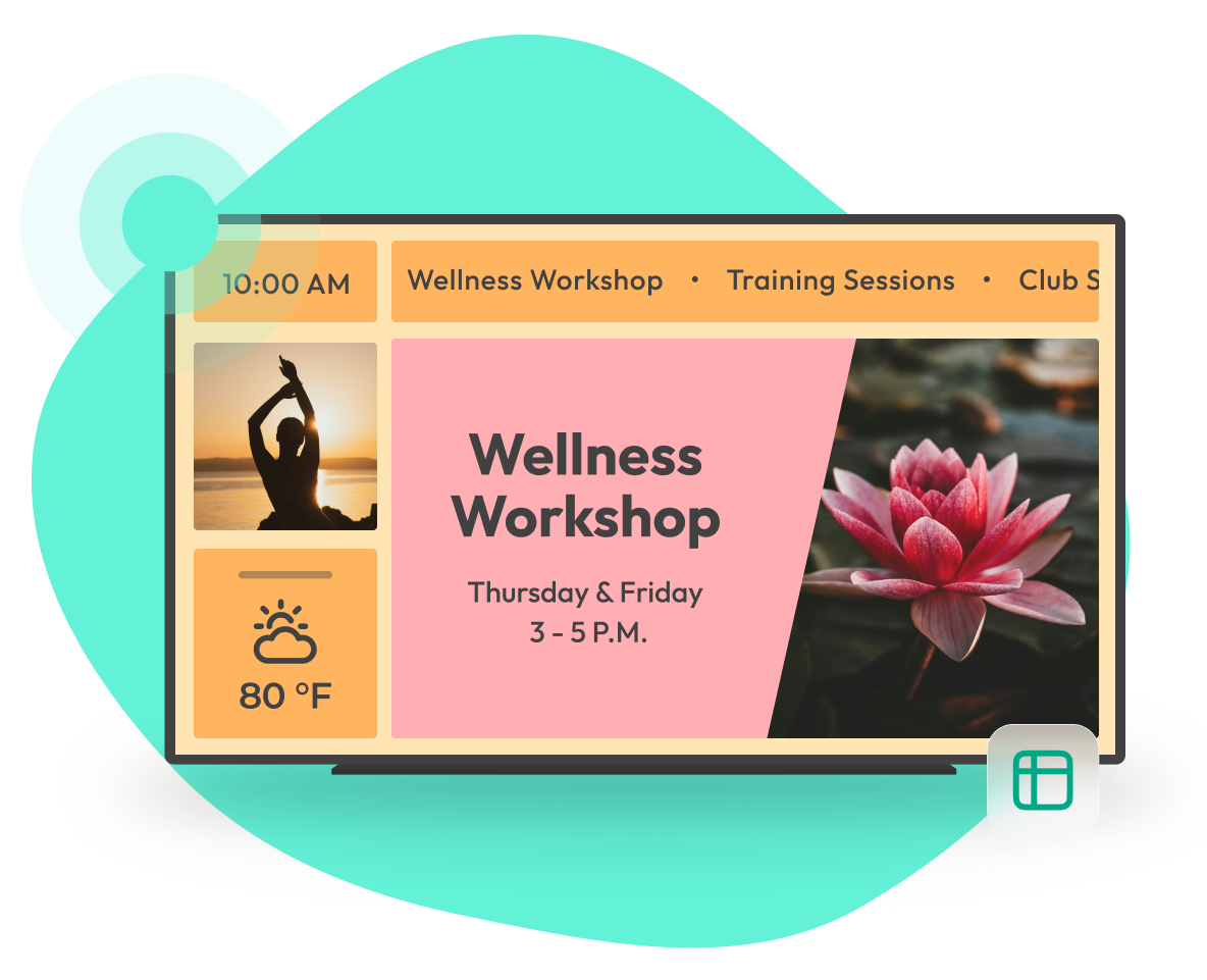 A digital display showing a wellness workshop announcement with yoga imagery, a lotus flower, weather info, and session details for Thursday and Friday from 3 to 5 p.m.