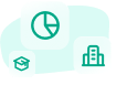 Abstract cluster of icons including a pie chart, a graduation cap, and a building, styled in teal.