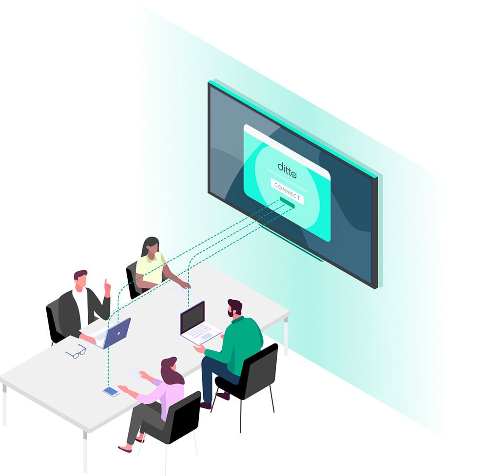 People who are sitting around a table and mirroring device screens to a larger screen