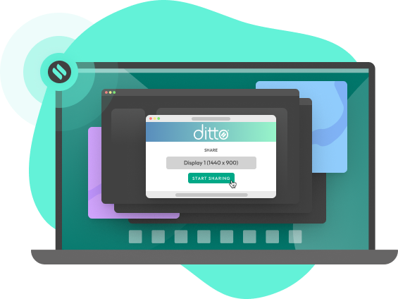 Laptop screen displaying illustrated Ditto Connect app with big CONNECT button
