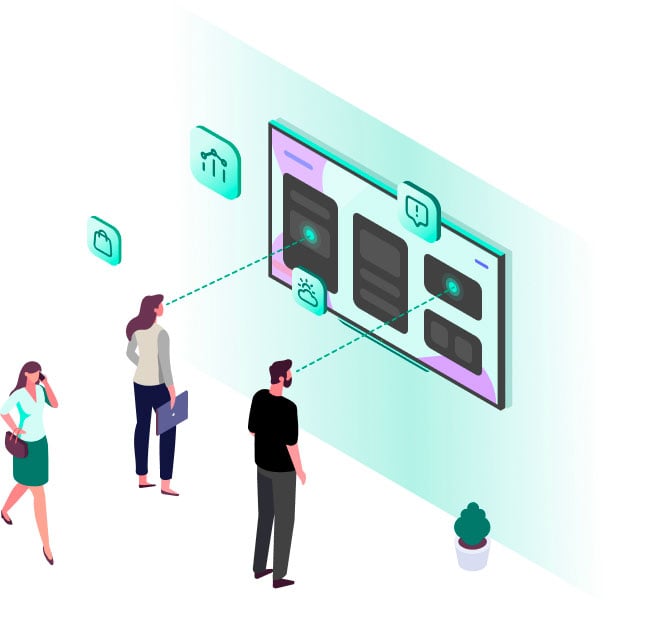Illustrated characters looking at illustrated digital signage
