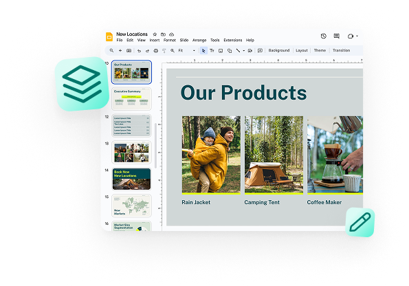 Google Slides interface with illustrated icons floating nearby