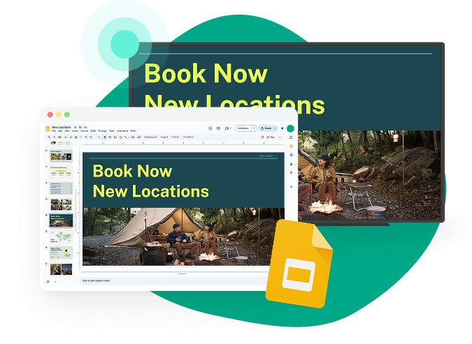 Google Slides interface creating slide shown on TV screen