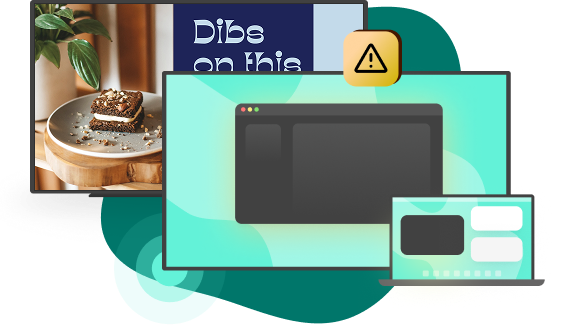 A layered collage of digital screens, including a web browser, a laptop interface, and an image of dessert, with a warning icon indicating an alert or issue.