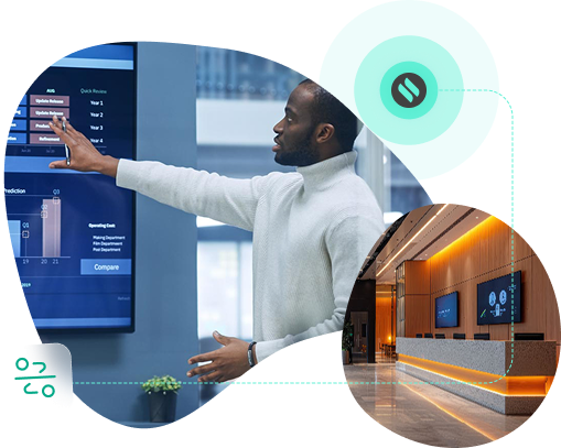 Man pointing to graphs on television and a hotel front lobby