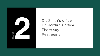 A directory of rooms on the second floor of a building