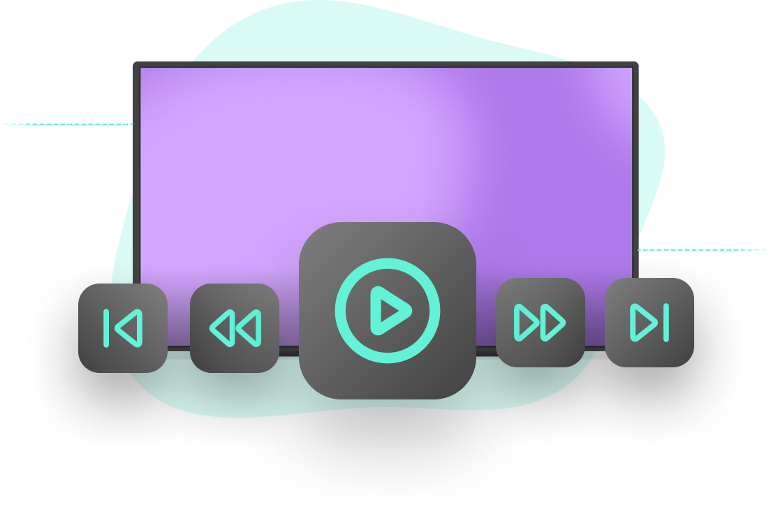 Illustration of a purple screen with oversized media control buttons below it, including play, rewind, fast-forward, and skip icons, representing video or media playback control.