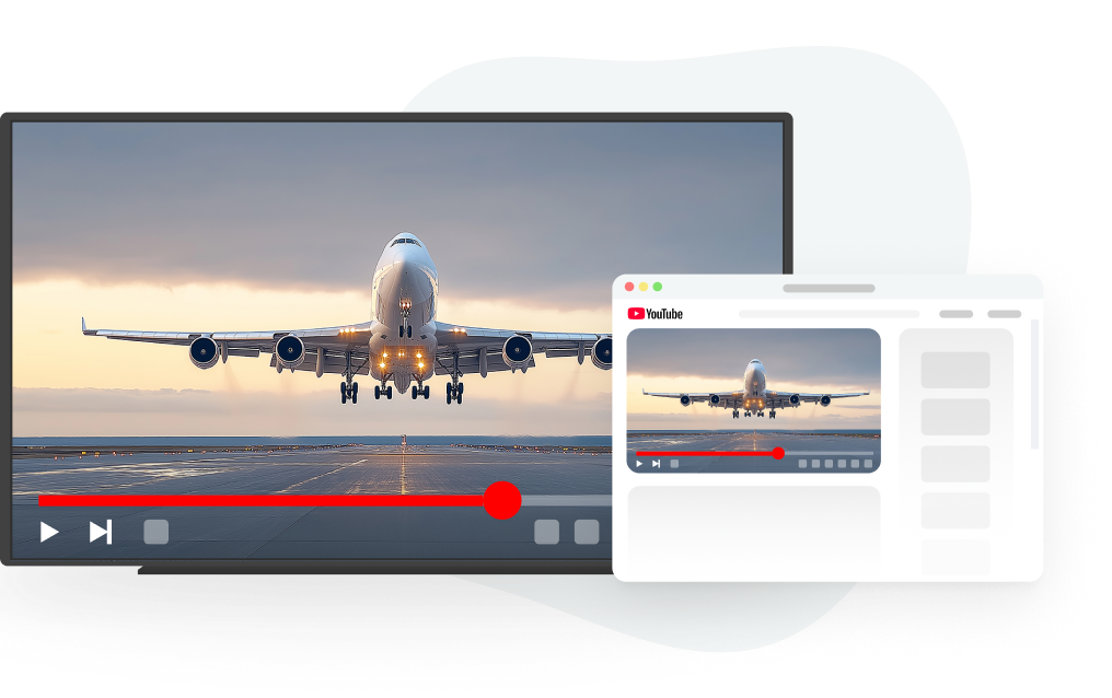An airplane taking off displayed on both a large screen and a YouTube video in a web browser, illustrating synchronized video playback or screen mirroring.