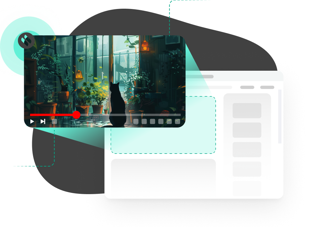 Illustration of a video player featuring a black cat sitting among indoor plants, overlaid on a web browser interface, symbolizing embedded or on-demand video content within a digital environment.