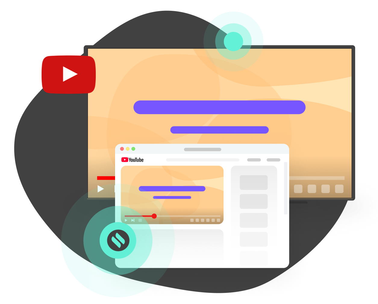 Illustration of YouTube content playing on both a computer browser and a large screen display, representing screen mirroring or content sharing, with abstract shapes and interface elements.