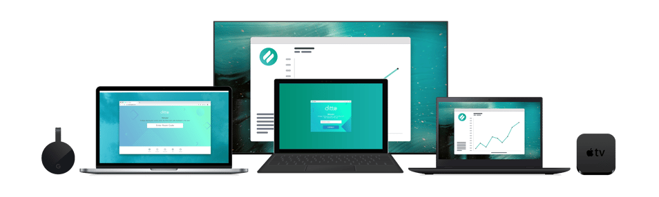 Ditto screen mirroring software on Mac, Windows and Chromebook beside a TV and Apple TV