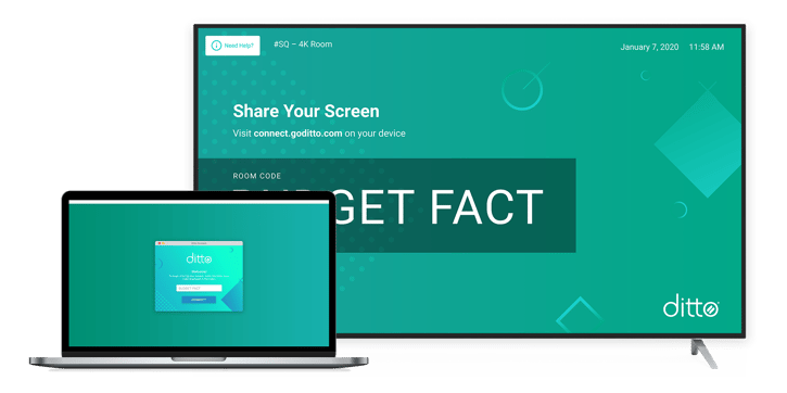 Ditto Connect app running on a MacBook and Ditto receiver on a TV behind it