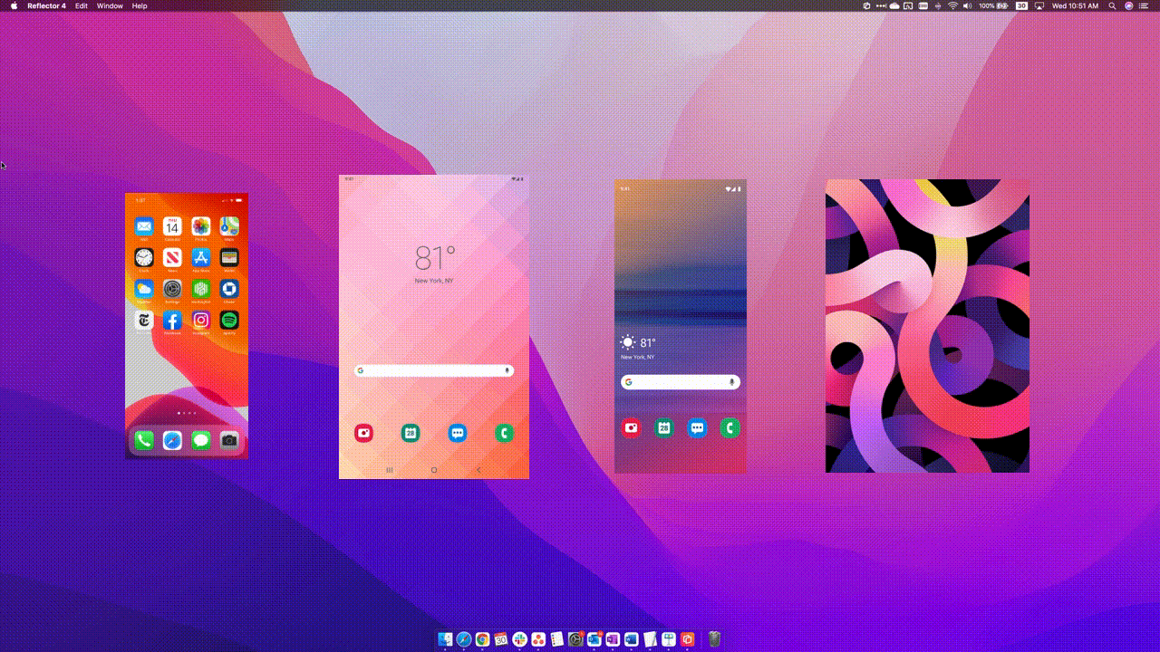 Showing how Reflector screen mirrors with device frames and can change desktop background colors