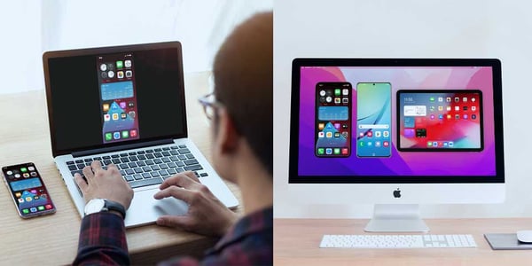 Split image showing AirPlay to Mac and Reflector screen mirroring in action