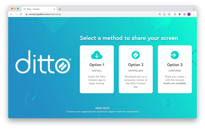Ditto Connect webpage options menu