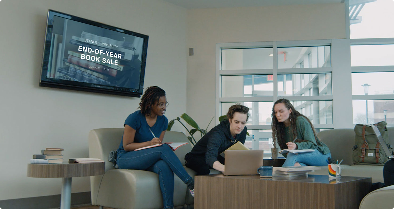 Digital signage on a TV in a student lounge area