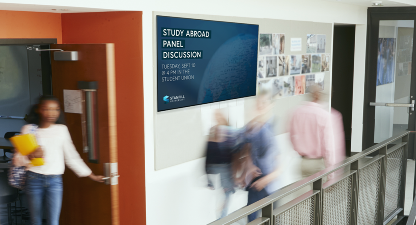 Digital signage on a TV in a school hallway