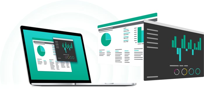 A computer, charts and graphs