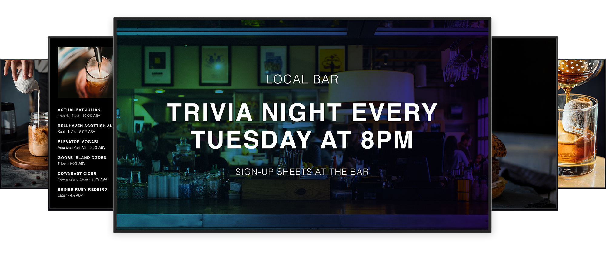 Restaurant digital signage promoting trivia night