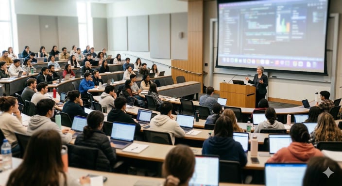 Lecture hall with students, a professor, computers and a large display
